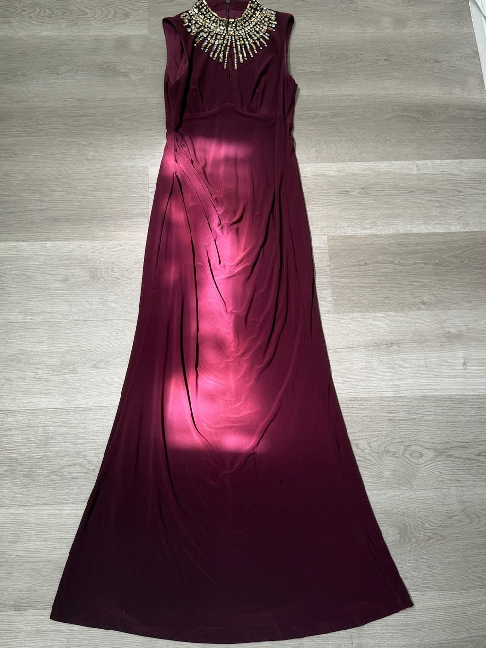 Vince Camuto Burgundy Maxi Dress with Beaded Collar